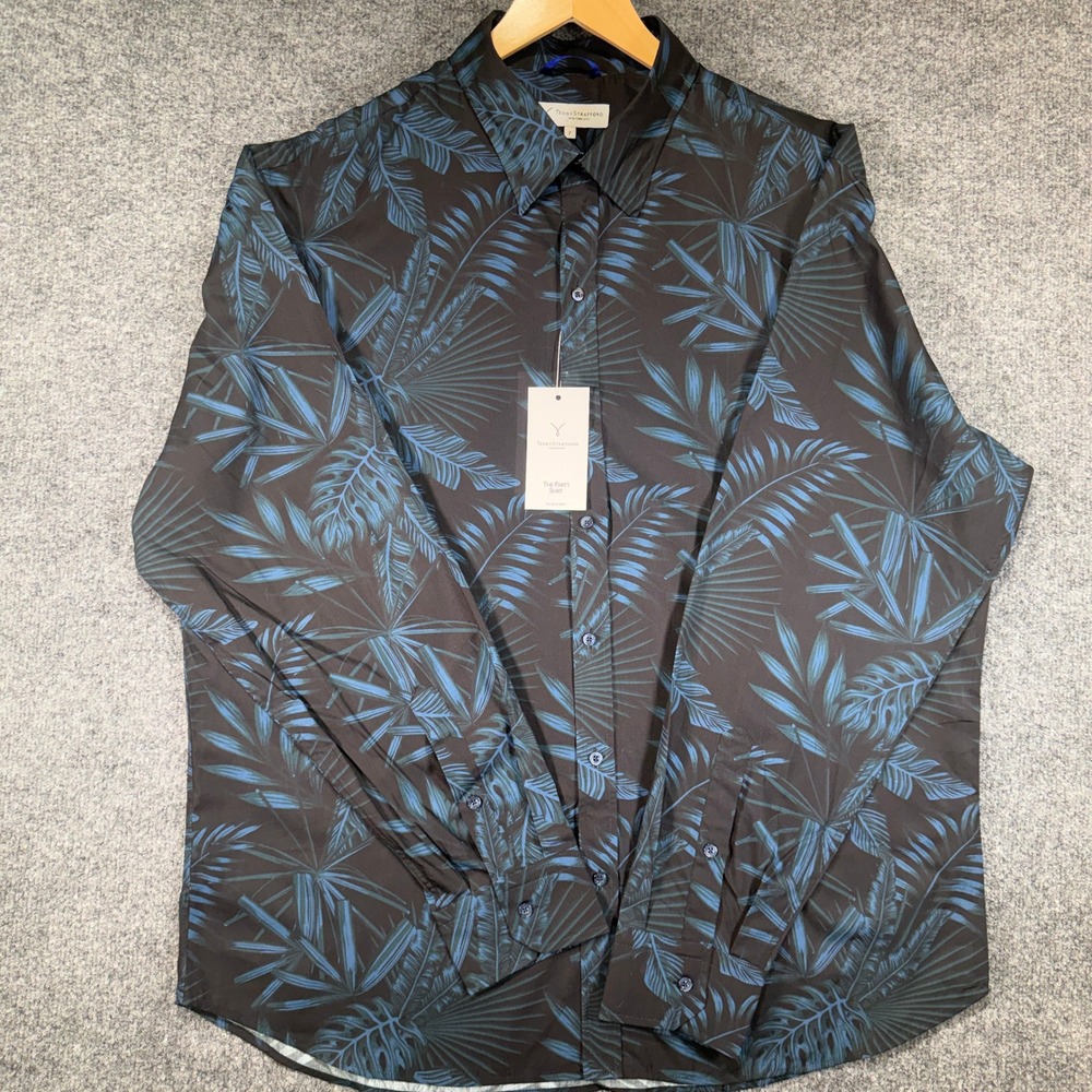 Teddy Stratford The Party Shirt Button Down Men 7 Black Blue Tropical Palm NWT
